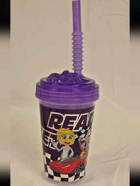 Chuck E Cheese Ready Set Go Purple Souvenir Tumbler Cup w Lid Straw